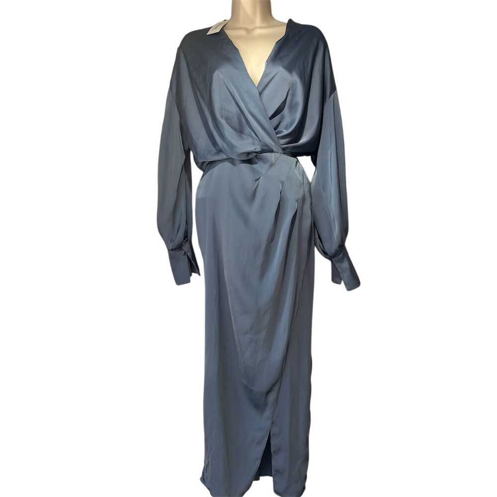 ASTR the Label Sadyra Dress Slate Blue Long Sleeve Faux Wrap Formal S
